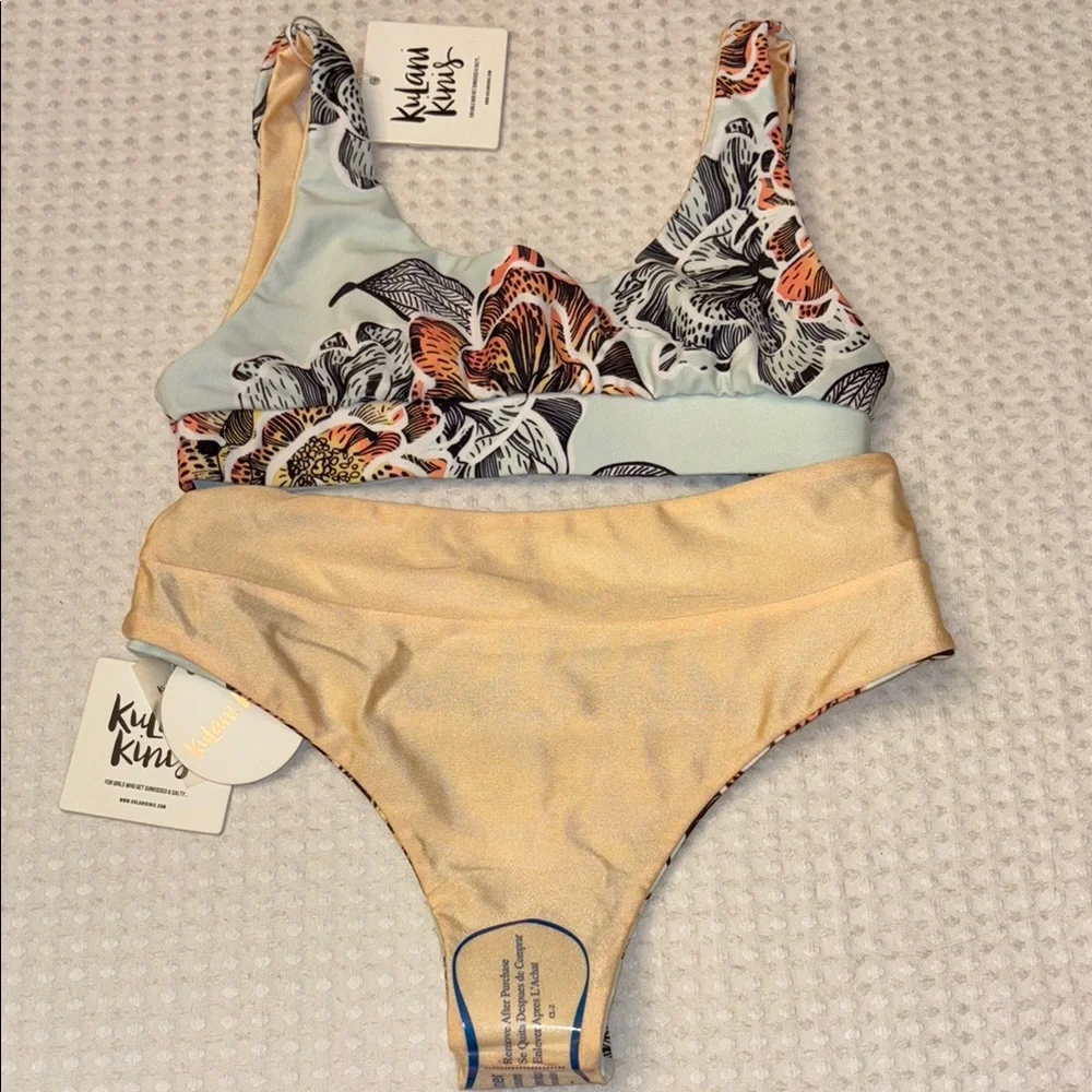 NEW! Kulani Kinis HARPER S Mint Peach Hawaiian High Waist Cheeky Bikini Bottoms